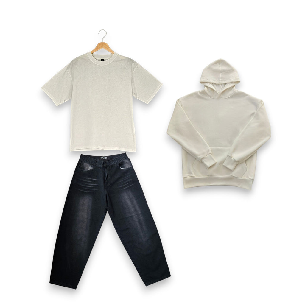 Outfit Vosse Essential Urban Sand (Jean + Hoodie + Remera Over)